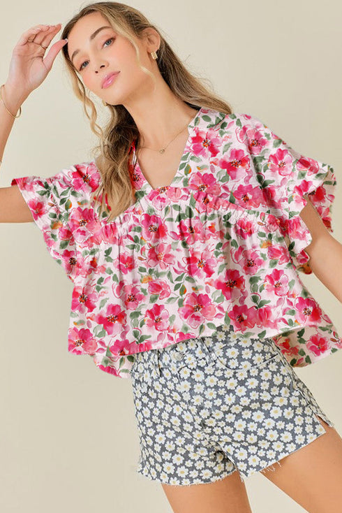 Charming Floral Print Ruffled Sleeve Boxy V Neck Blouse Top