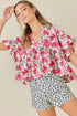 Charming Floral Print Ruffled Sleeve Boxy V Neck Blouse Top
