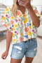 Charming Floral Print Ruffled Sleeve Boxy V Neck Blouse Top