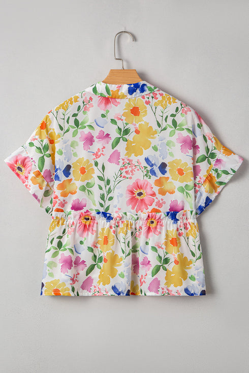Charming Floral Print Ruffled Sleeve Boxy V Neck Blouse Top