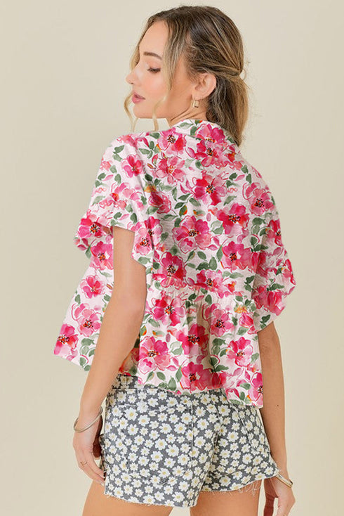 Charming Floral Print Ruffled Sleeve Boxy V Neck Blouse Top