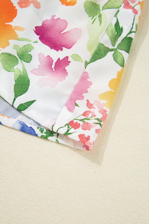 Charming Floral Print Ruffled Sleeve Boxy V Neck Blouse Top