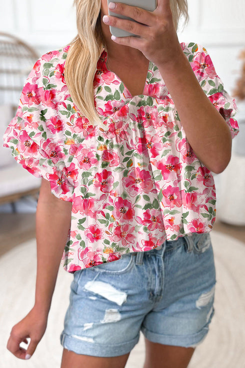 Charming Floral Print Ruffled Sleeve Boxy V Neck Blouse Top