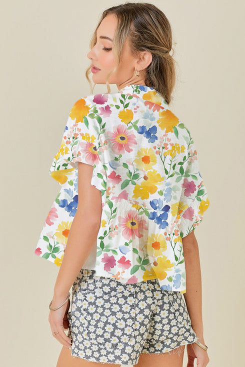 Charming Floral Print Ruffled Sleeve Boxy V Neck Blouse Top
