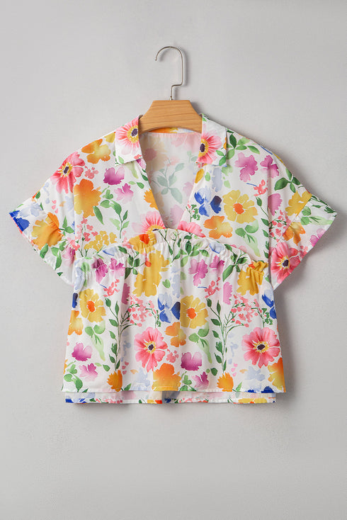 Charming Floral Print Ruffled Sleeve Boxy V Neck Blouse Top