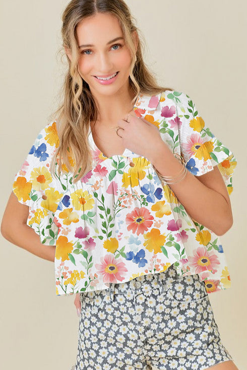 Charming Floral Print Ruffled Sleeve Boxy V Neck Blouse Top
