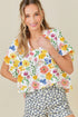 Charming Floral Print Ruffled Sleeve Boxy V Neck Blouse Top