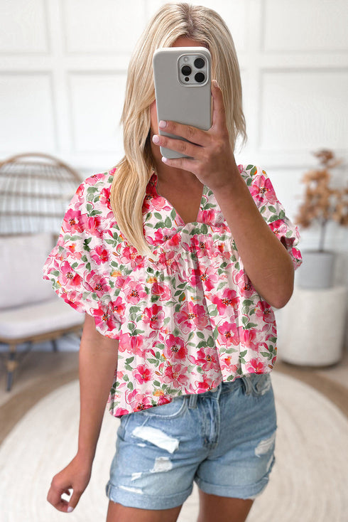 Charming Floral Print Ruffled Sleeve Boxy V Neck Blouse Top