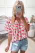 Charming Floral Print Ruffled Sleeve Boxy V Neck Blouse Top