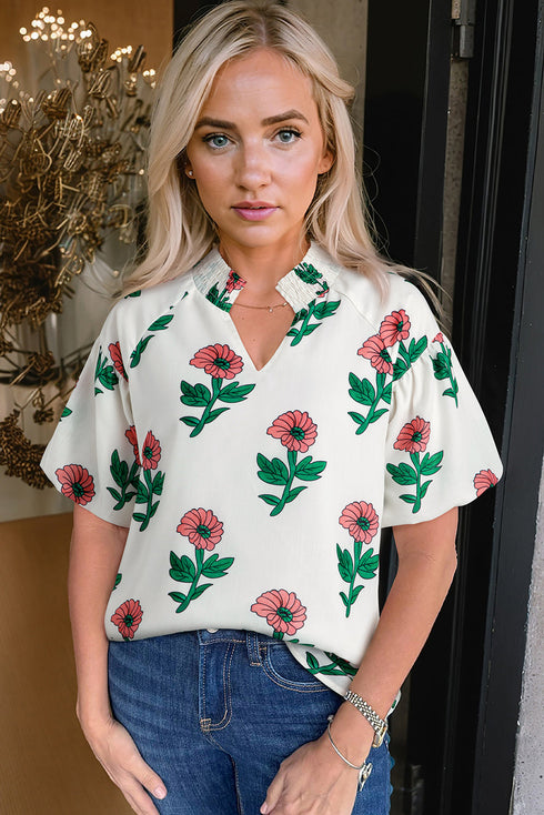 Charming Floral Print Shirred Split Neck Short Sleeve Blouse