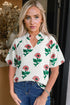 Charming Floral Print Shirred Split Neck Short Sleeve Blouse