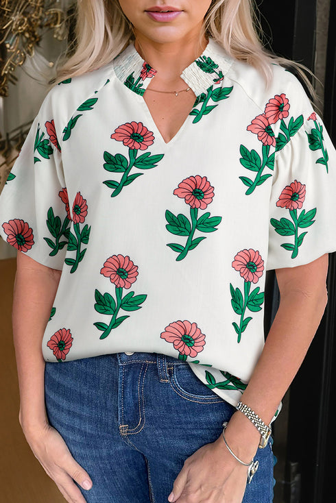 Charming Floral Print Shirred Split Neck Short Sleeve Blouse