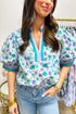 Charming Floral Print Striped Trim Puff Sleeve V Neck Blouse Top