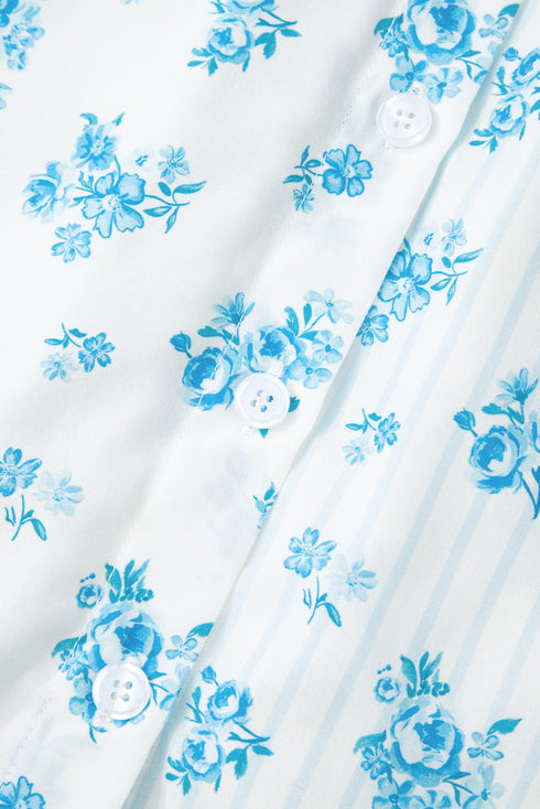 Charming Floral Stripe Patchwork Collared Top And Shorts Pajama Set