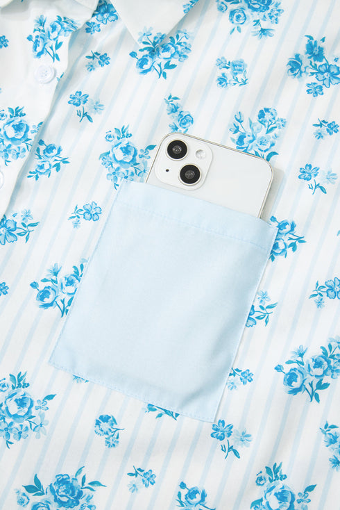 Charming Floral Stripe Patchwork Collared Top And Shorts Pajama Set