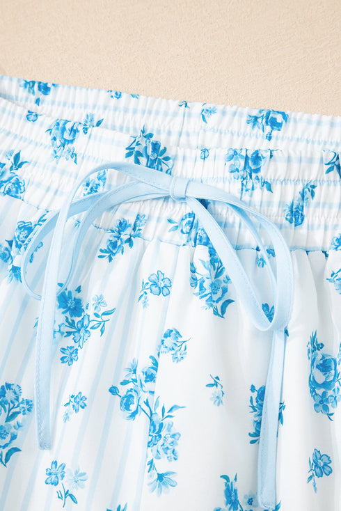 Charming Floral Stripe Patchwork Collared Top And Shorts Pajama Set