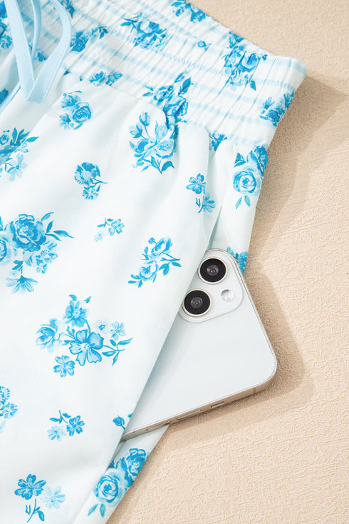 Charming Floral Stripe Patchwork Collared Top And Shorts Pajama Set