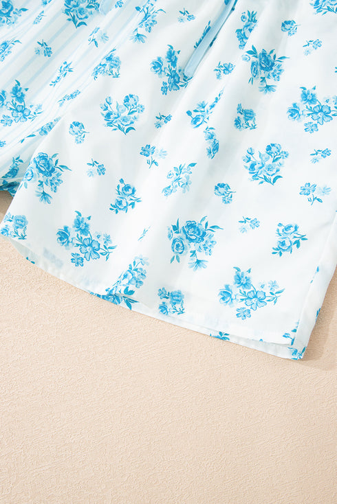 Charming Floral Stripe Patchwork Collared Top And Shorts Pajama Set