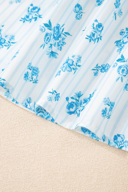 Charming Floral Stripe Patchwork Collared Top And Shorts Pajama Set