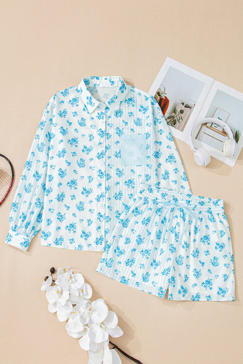 Charming Floral Stripe Patchwork Collared Top And Shorts Pajama Set