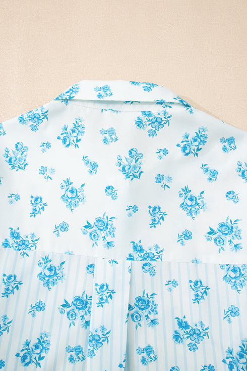 Charming Floral Stripe Patchwork Collared Top And Shorts Pajama Set