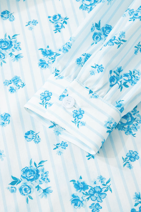 Charming Floral Stripe Patchwork Collared Top And Shorts Pajama Set