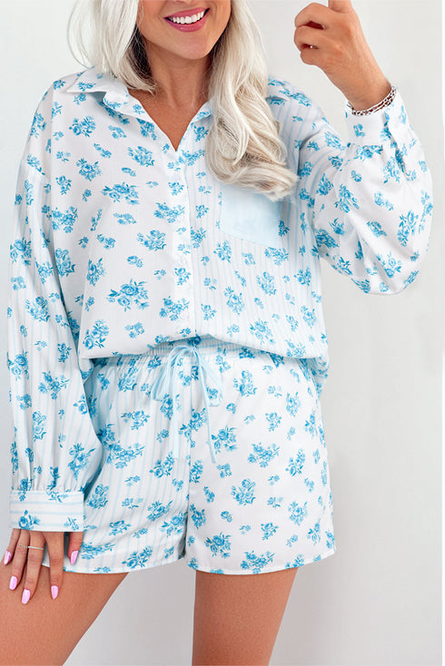 Charming Floral Stripe Patchwork Collared Top And Shorts Pajama Set