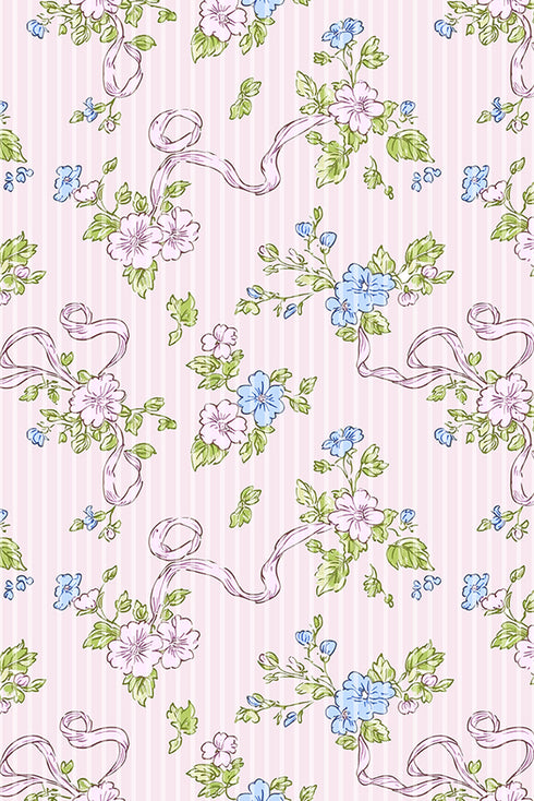 Charming Floral Stripe Print Contrast Trim Puff Sleeve Tie Neck Mini Dress