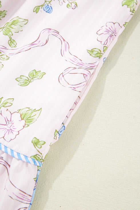 Charming Floral Stripe Print Contrast Trim Puff Sleeve Tie Neck Mini Dress