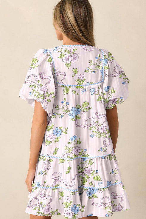 Charming Floral Stripe Print Contrast Trim Puff Sleeve Tie Neck Mini Dress