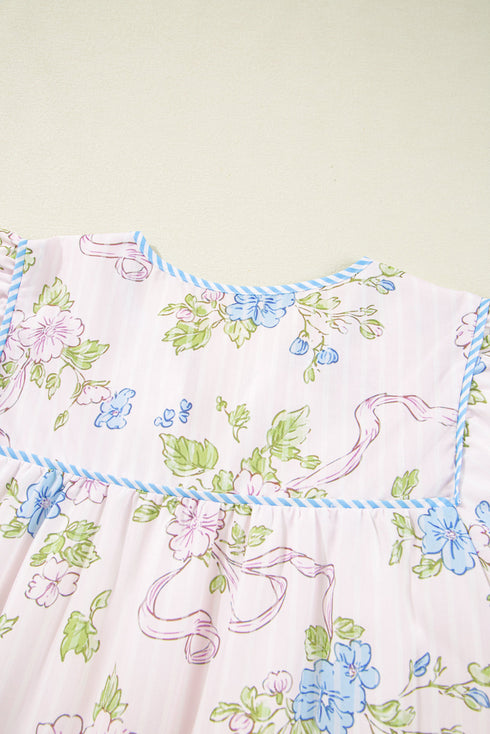 Charming Floral Stripe Print Contrast Trim Puff Sleeve Tie Neck Mini Dress