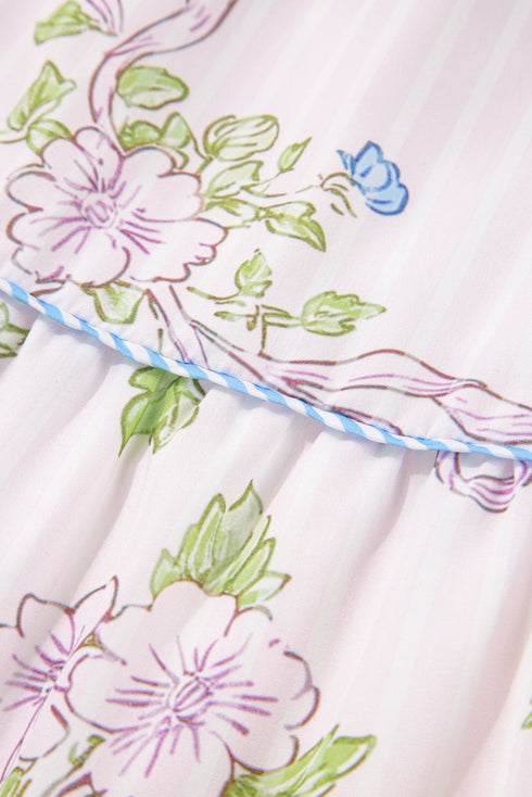 Charming Floral Stripe Print Contrast Trim Puff Sleeve Tie Neck Mini Dress