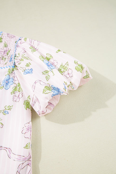 Charming Floral Stripe Print Contrast Trim Puff Sleeve Tie Neck Mini Dress