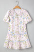 Charming Floral Stripe Print Contrast Trim Puff Sleeve Tie Neck Mini Dress