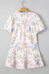 Charming Floral Stripe Print Contrast Trim Puff Sleeve Tie Neck Mini Dress