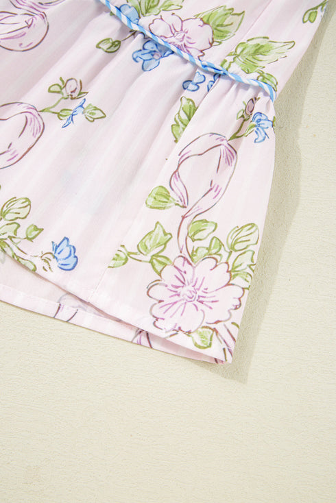 Charming Floral Stripe Print Contrast Trim Puff Sleeve Tie Neck Mini Dress