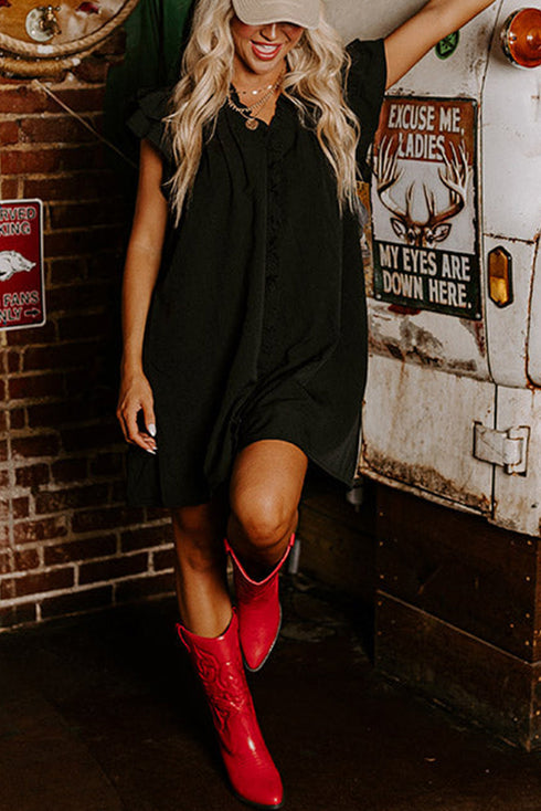 Charming Frilled V Neck Pleated Ruffle Detail Short Shift Dress