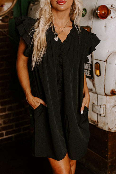 Charming Frilled V Neck Pleated Ruffle Detail Short Shift Dress