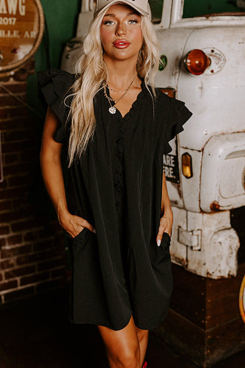 Charming Frilled V Neck Pleated Ruffle Detail Short Shift Dress