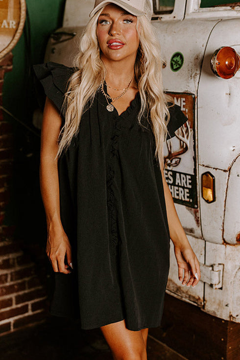 Charming Frilled V Neck Pleated Ruffle Detail Short Shift Dress