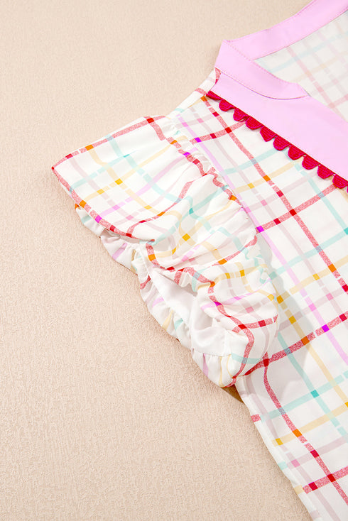 Charming Plaid Ruffle Sleeve Ric Rac Trim Contrast Collar Blouse