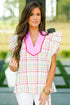 Charming Plaid Ruffle Sleeve Ric Rac Trim Contrast Collar Blouse