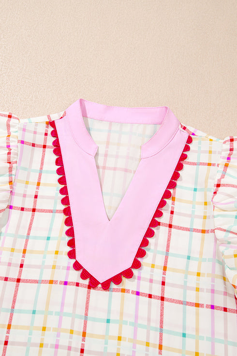 Charming Plaid Ruffle Sleeve Ric Rac Trim Contrast Collar Blouse