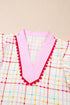 Charming Plaid Ruffle Sleeve Ric Rac Trim Contrast Collar Blouse