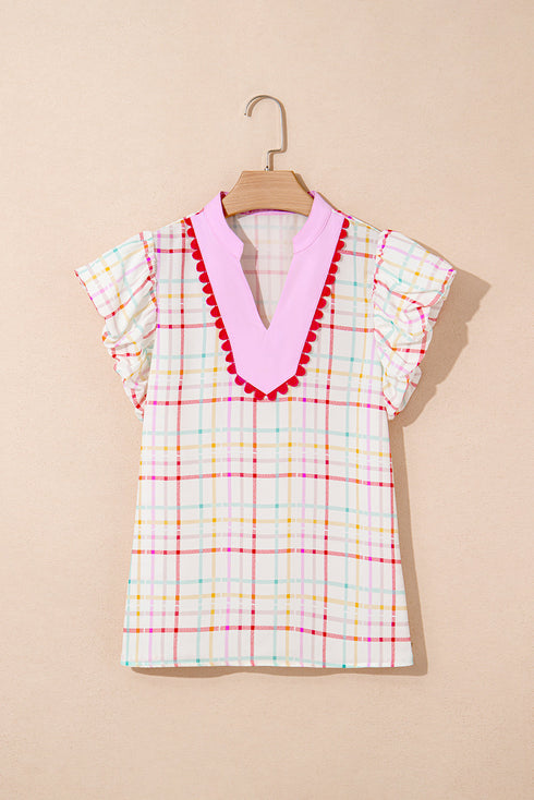Charming Plaid Ruffle Sleeve Ric Rac Trim Contrast Collar Blouse