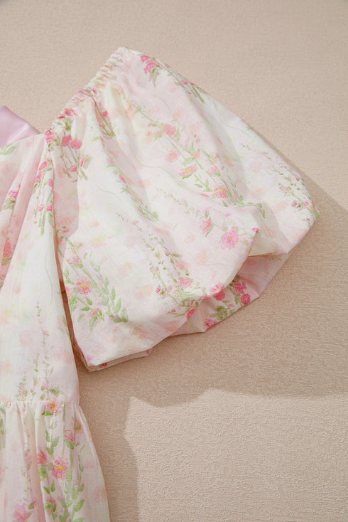 Charming Southern Belle Floral Puff Sleeve Knotted Open Back Ruffled Mini Dress