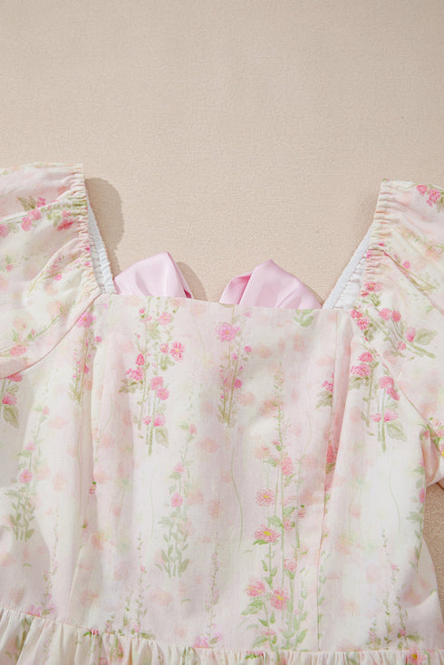 Charming Southern Belle Floral Puff Sleeve Knotted Open Back Ruffled Mini Dress