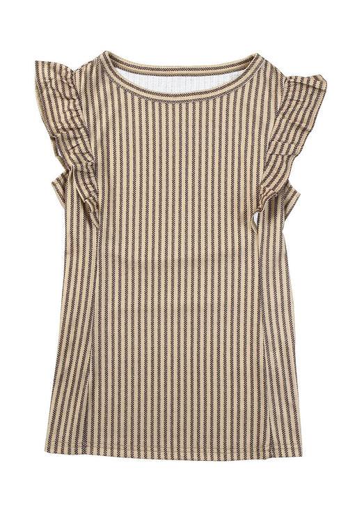 Charming Striped Crew Neck Ruffled Detail Sleeveless Summer Tank Top