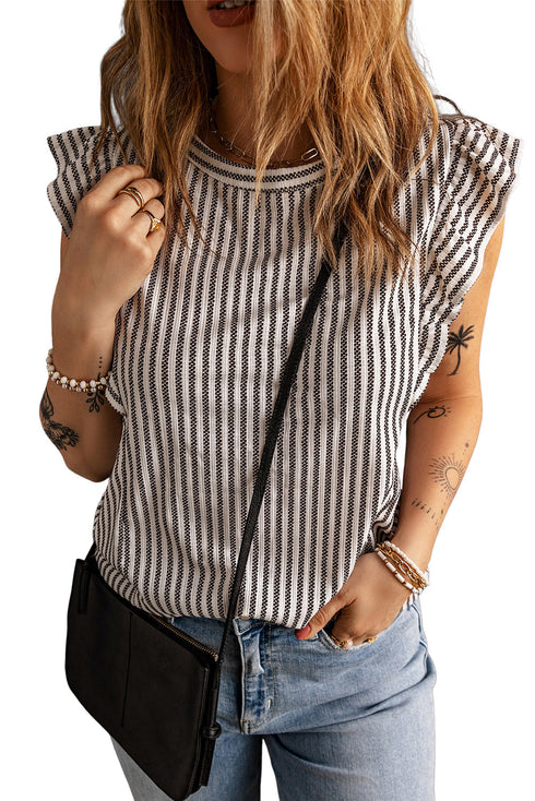 Charming Striped Crew Neck Ruffled Detail Sleeveless Summer Tank Top