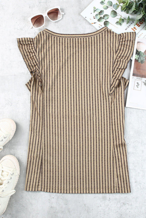 Charming Striped Crew Neck Ruffled Detail Sleeveless Summer Tank Top
